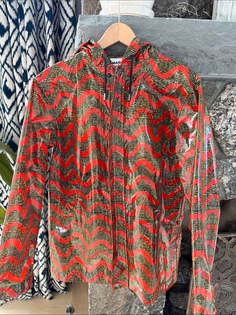 Red & Olive Wave-Print Hooded Rain Coat